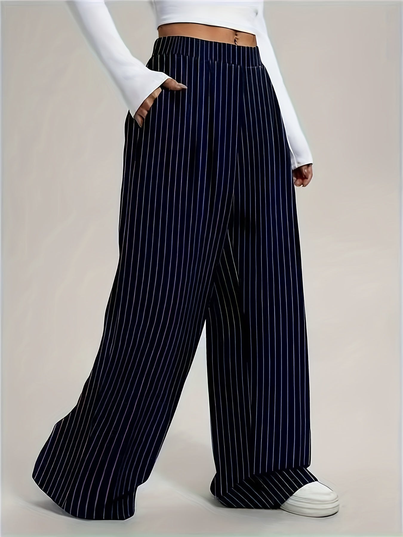 Pantalones Anchos de Rayas Marineras para Mujeres con Cintura Alta y Estilo Casual Plisado Sin Esfuerzo