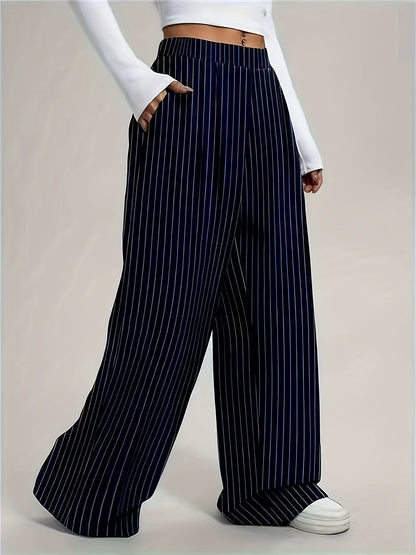 Pantalones Anchos de Rayas Marineras para Mujeres con Cintura Alta y Estilo Casual Plisado Sin Esfuerzo