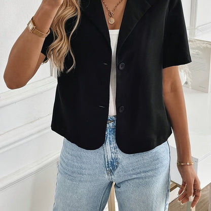 Blazer Elegante Corto para Mujeres con Solapa de Muesca, Manga Corta, Botón Frontal, Estilo Casual Relajado