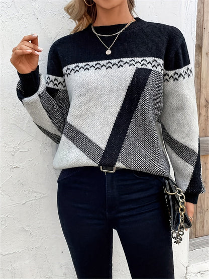 Suéter Geométrico Colorblock Cómodo para Mujeres con Cuello Redondo, Manga Larga, Estilo Relajado y Oversized