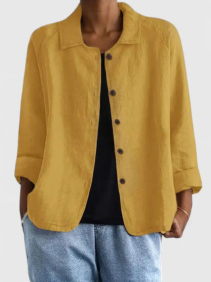 Camisa de Lino con Botones Frontal para Mujeres, Estilo Casual Relajado con Cuello y Manga Larga