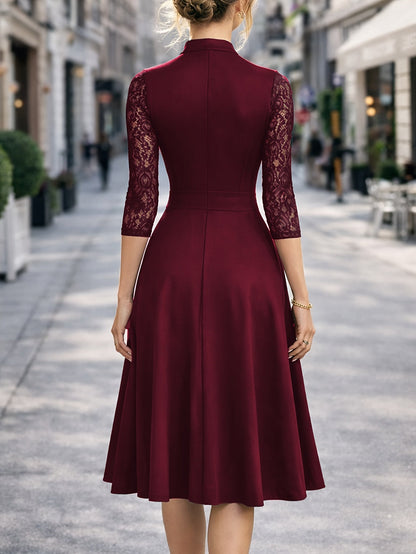 Vestido Midi Elegante con Encaje para Mujeres con Cuello en V Notch y Mangas Tres Cuartos, Estilo Fit and Flare para Cócteles
