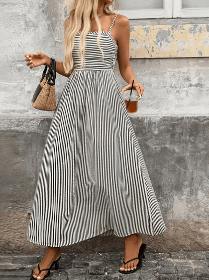 Vestido Maxi Elegante de Rayas Negras para Mujeres con Escote Cuadrado Sin Mangas Estilo Alto-Bajo