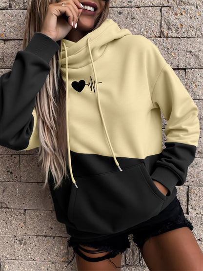 Sudadera cómoda con diseño colorblock y estampado de latidos para mujeres con capucha ajustable, manga larga y estilo de bolsillo canguro.