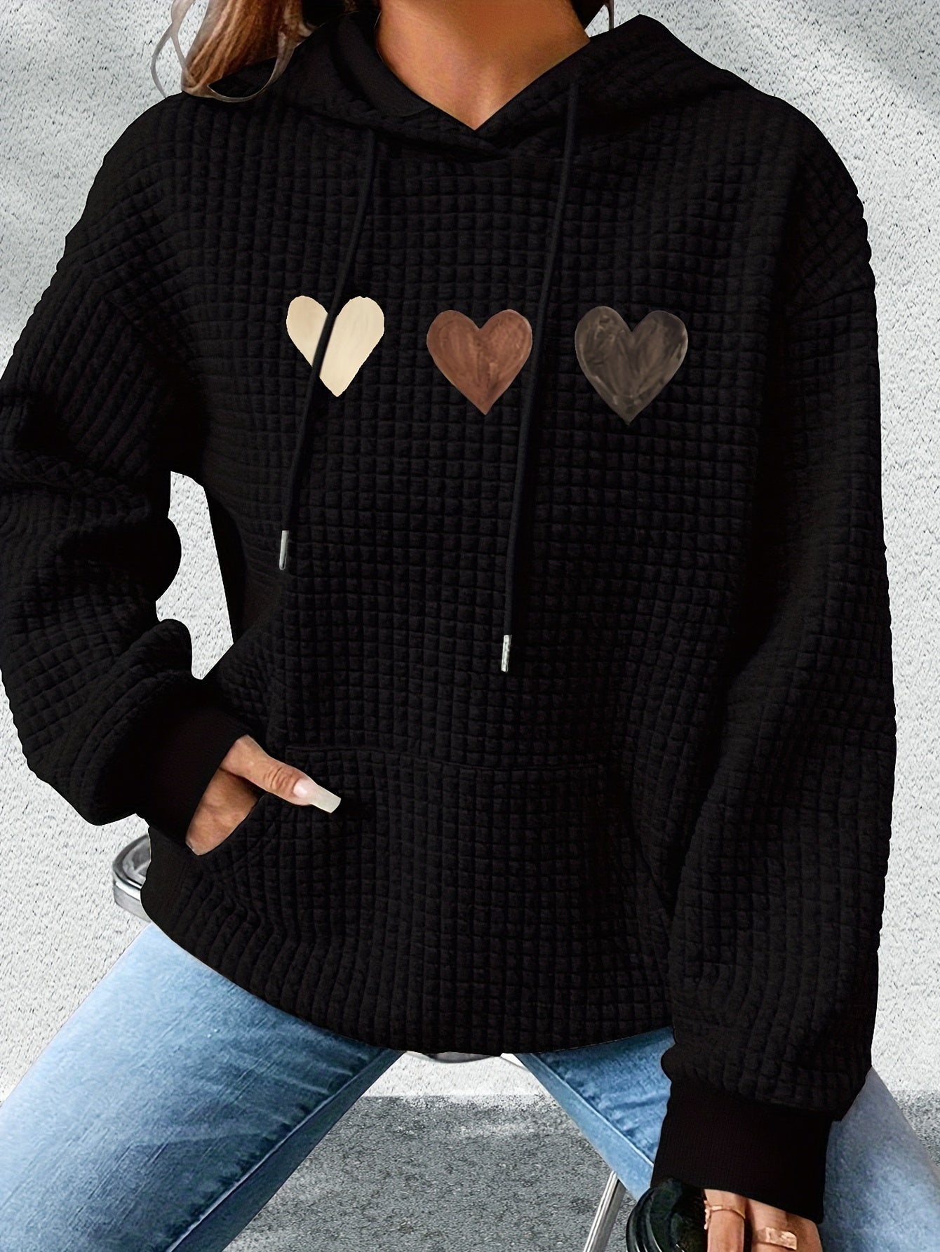 Sudadera de punto waffle con estampado de corazones cómoda para mujeres, con capucha, mangas largas y bolsillo canguro, estilo oversized