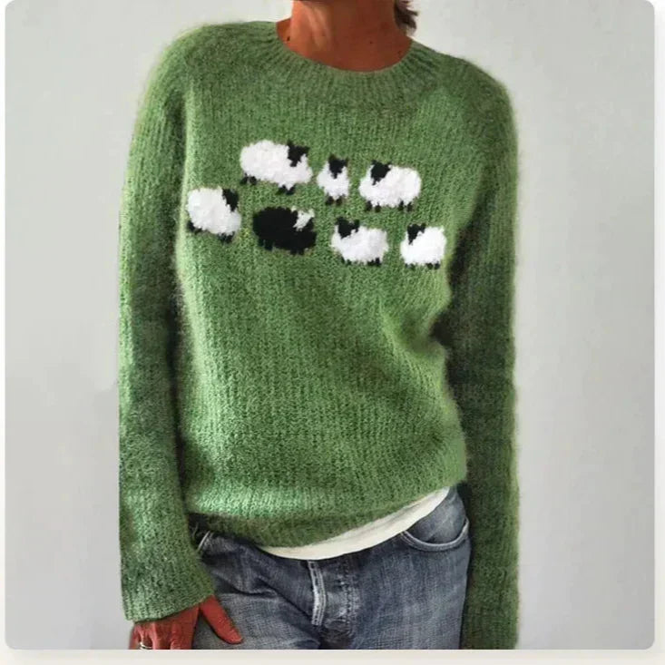 Suéter de punto cómodo y estampado para mujeres con cuello barco, manga larga y estilo relajado y oversize