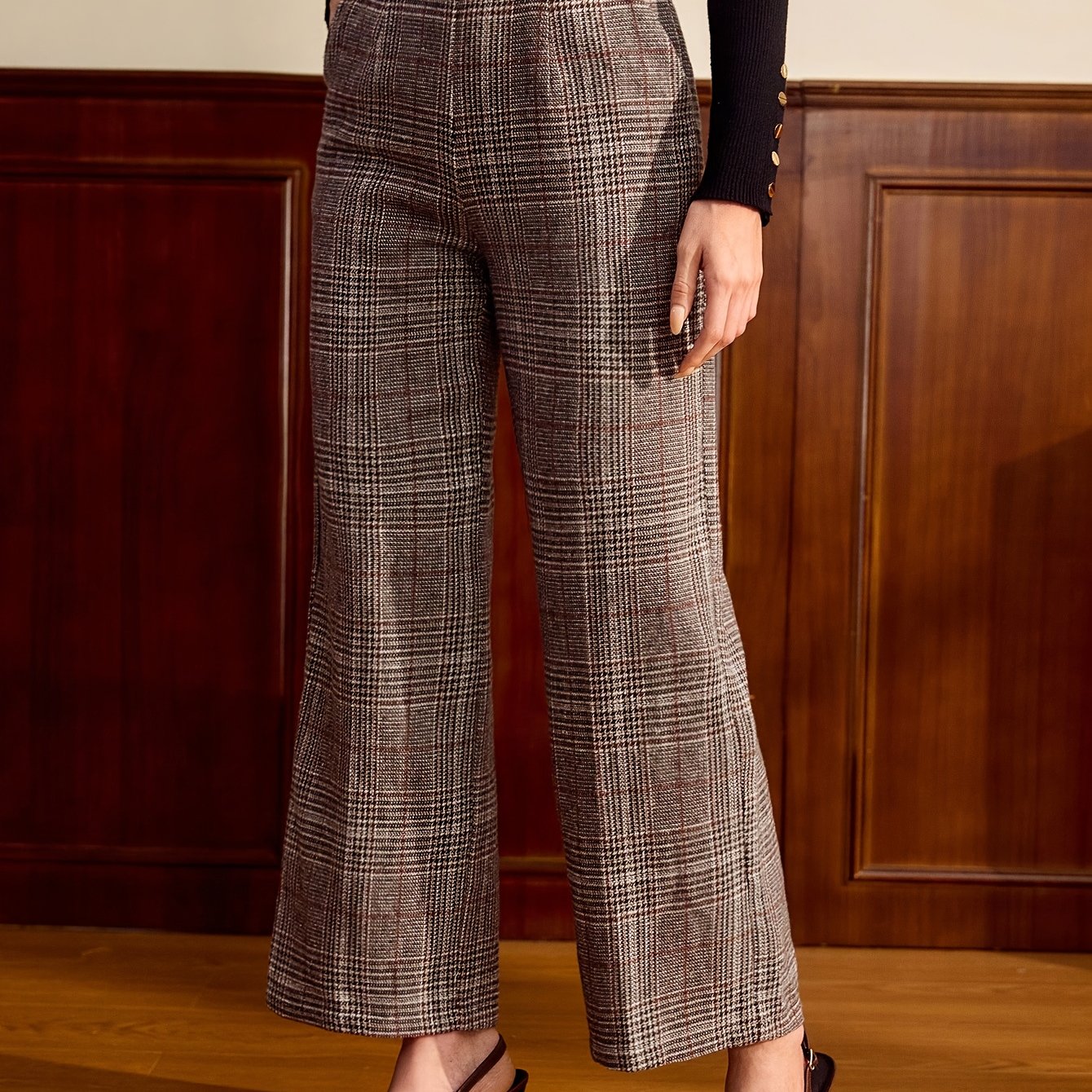 Pantalones de Pierna Ancha de Cuadrícula Elegante para Mujeres con Cintura Alta y Cinturón, Estilo Relajado y Ajustado