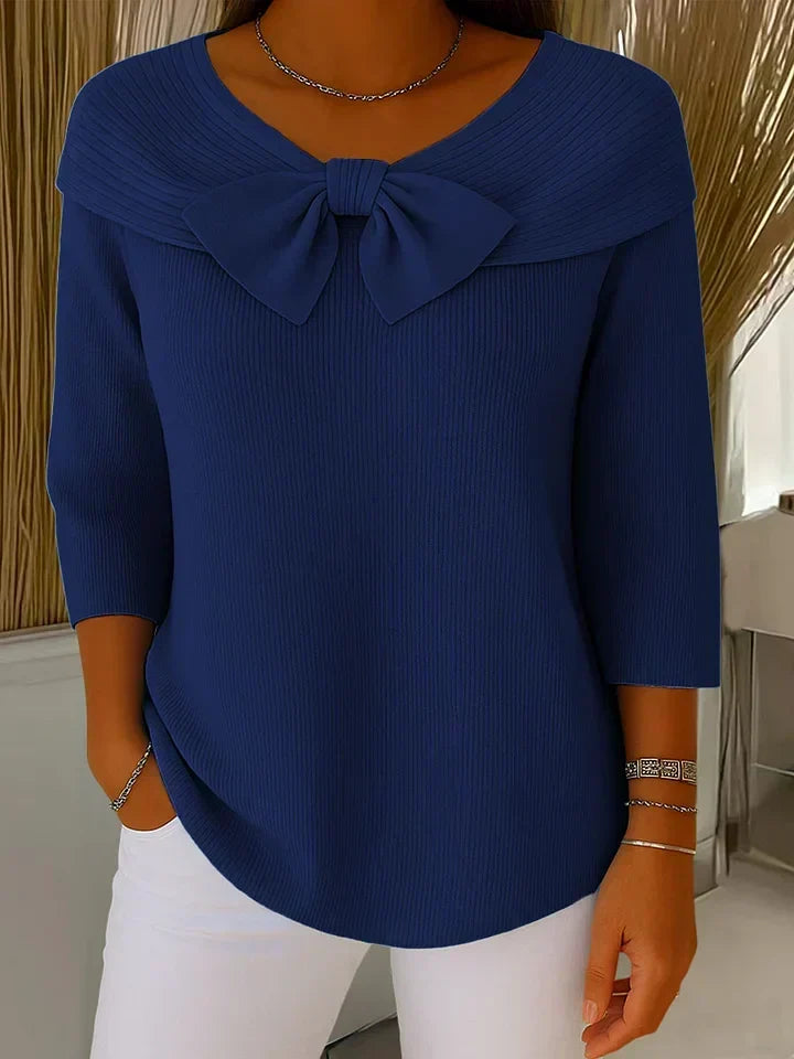 Suéter de Punto Acanalado Cómodo para Mujeres con Escote en V, Lazo y Manga de Codo Estilo Relajado Oversized