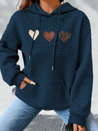 Sudadera de punto waffle con estampado de corazones cómoda para mujeres, con capucha, mangas largas y bolsillo canguro, estilo oversized