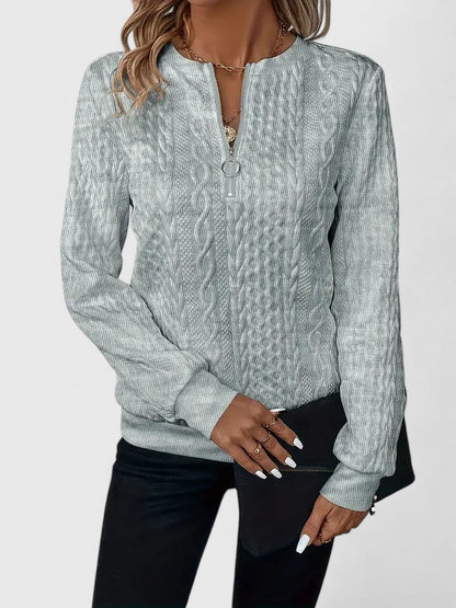 Sudadera de punto trenzado cómoda para mujeres con cuello de triplete y manga larga, estilo relajado y oversize