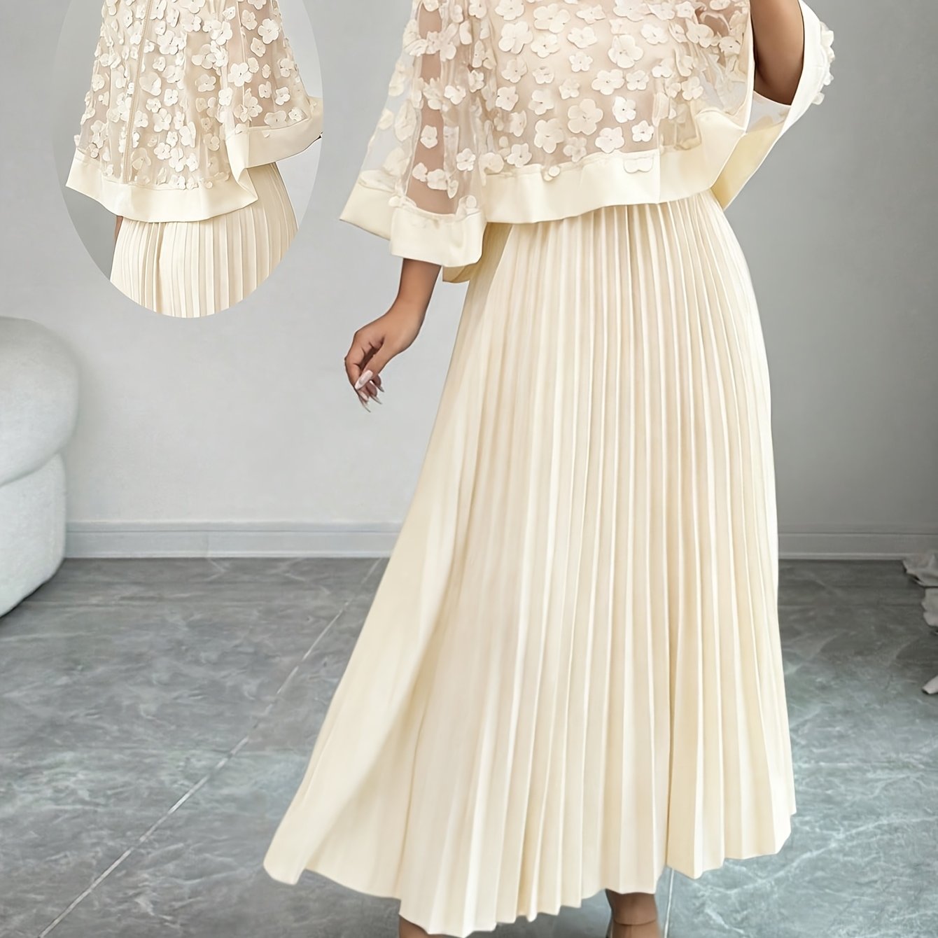 Elegante Vestido Largo Plisado Floral para Mujeres con Cuello Redondo y Manga Capa con Apliques, Estilo Formal para Invitadas de Boda