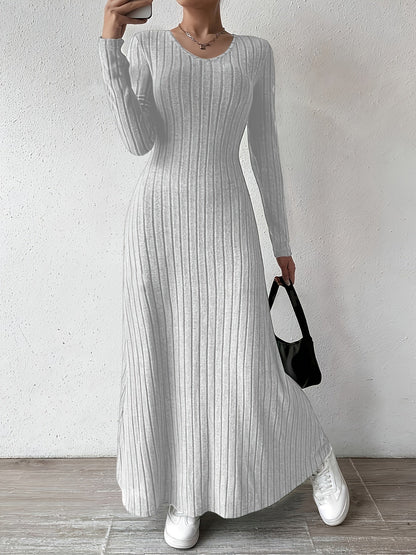 Elegante Vestido Largo de Punto Acanalado para Mujeres con Escote en V y Manga Larga Ajustado y Fluido