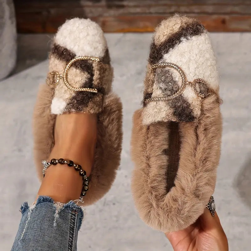 Zapatillas Beige Cómodas para Mujeres con Detalle de Lazo de Piel Sintética, Zapatillas de Casa con Suela Acolchada
