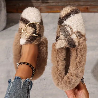 Zapatillas Beige Cómodas para Mujeres con Detalle de Lazo de Piel Sintética, Zapatillas de Casa con Suela Acolchada