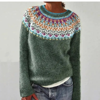 Suéter de punto cómodo y estampado para mujeres con cuello barco, manga larga y estilo relajado y oversize