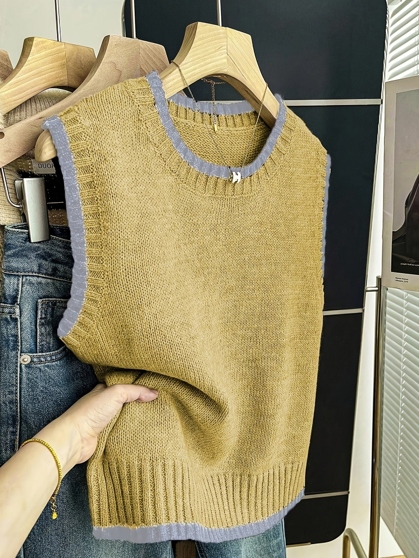 Chaleco de Suéter de Contraste Cómodo para Mujeres con Cuello Redondo, Sin Mangas, dobladillo Acanalado, Estilo Oversized