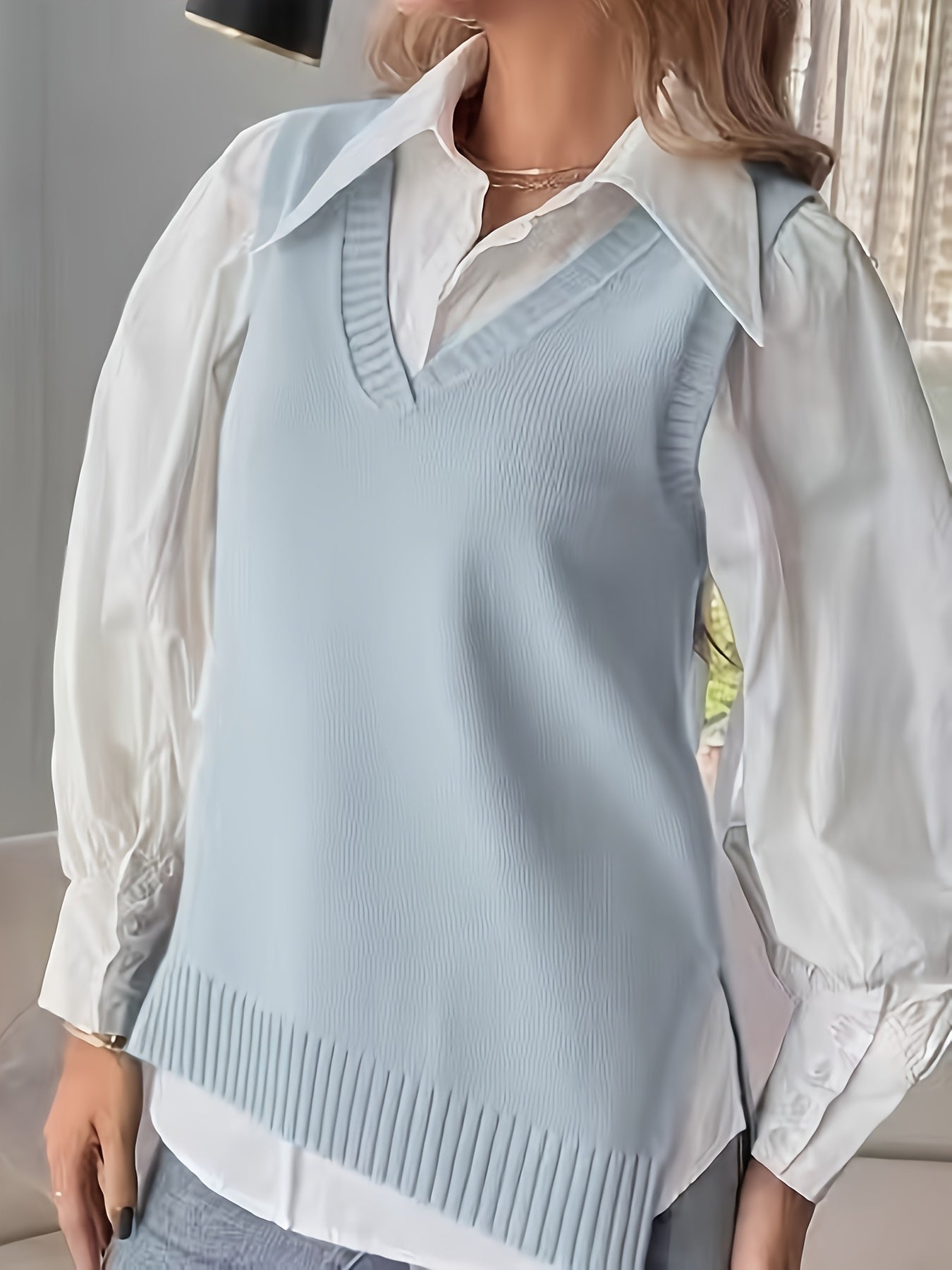 Chaleco de Punto Acanalado Cómodo para Mujeres con Cuello en V, Sin Mangas y Estilo Relajado y Oversized