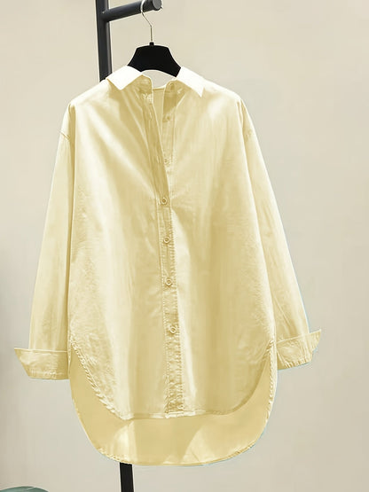 Blusa de Algodón Sin Esfuerzo para Mujeres con Cuello de Punto, Manga Larga, Estilo Oversized y Bajo Irregular