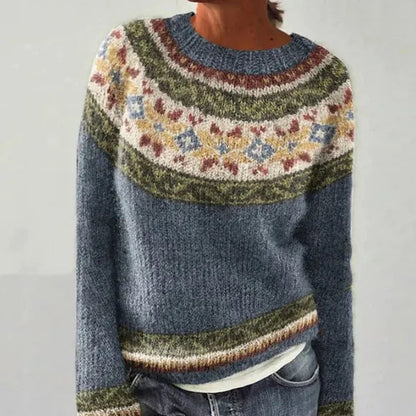 Suéter de punto cómodo y estampado para mujeres con cuello barco, manga larga y estilo relajado y oversize