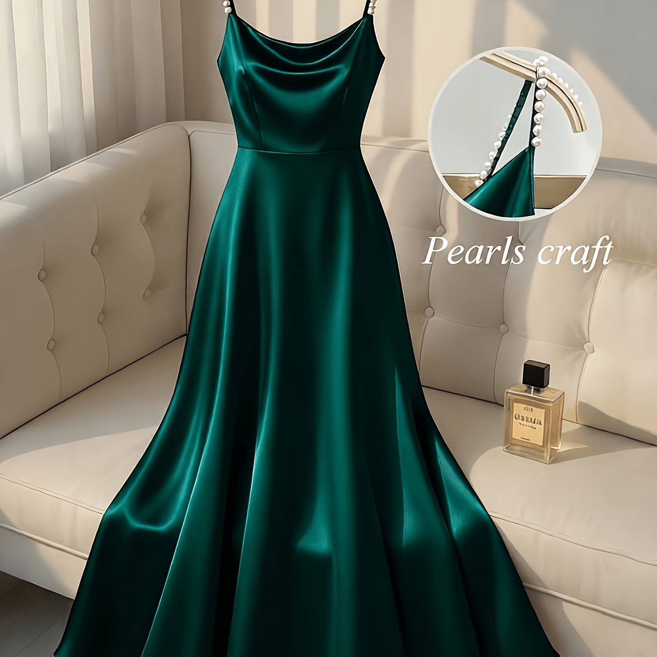 Elegante Vestido Maxi de Satén para Mujeres con Cuello Cowl y Tirantes de Perlas para Estilo Formal de Invitada de Boda