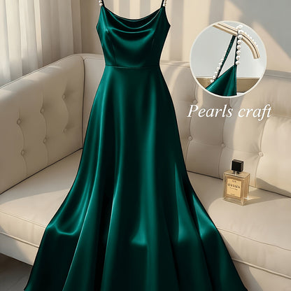 Elegante Vestido Maxi de Satén para Mujeres con Cuello Cowl y Tirantes de Perlas para Estilo Formal de Invitada de Boda