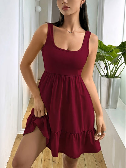 Vestido Mini Encapillado Sin Esfuerzo para Mujeres con Escote Cuadrado y Dobladillo Volante Estilo Casual