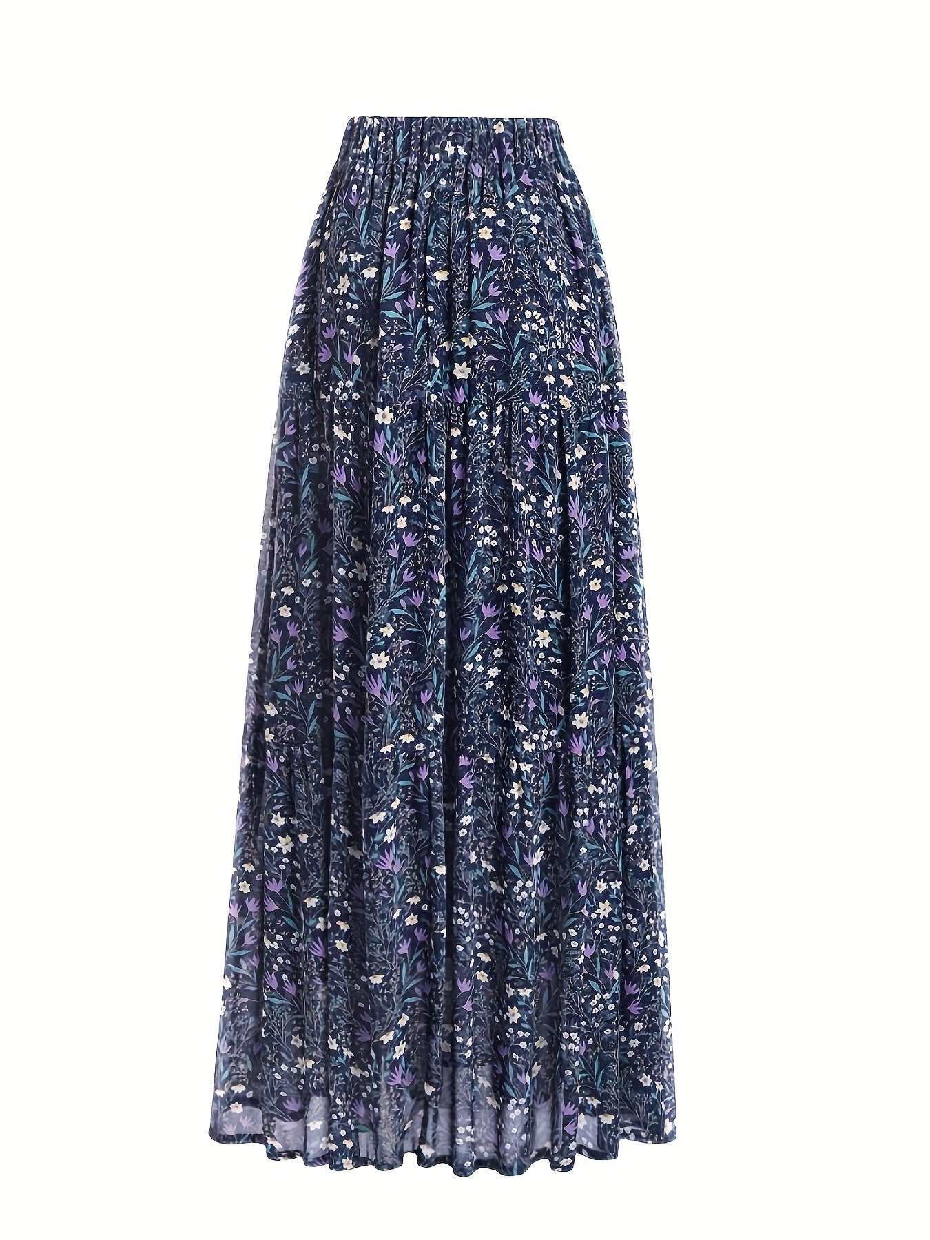 Elegante Falda Maxi Floral Azul para Mujeres con Cintura Fruncida y Volantes en Estilo Bohemio