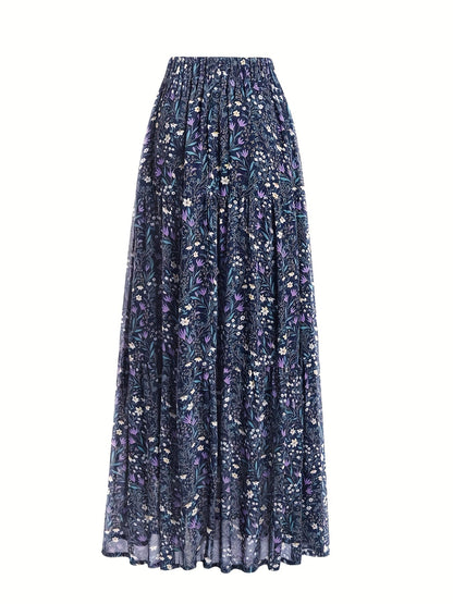 Elegante Falda Maxi Floral Azul para Mujeres con Cintura Fruncida y Volantes en Estilo Bohemio