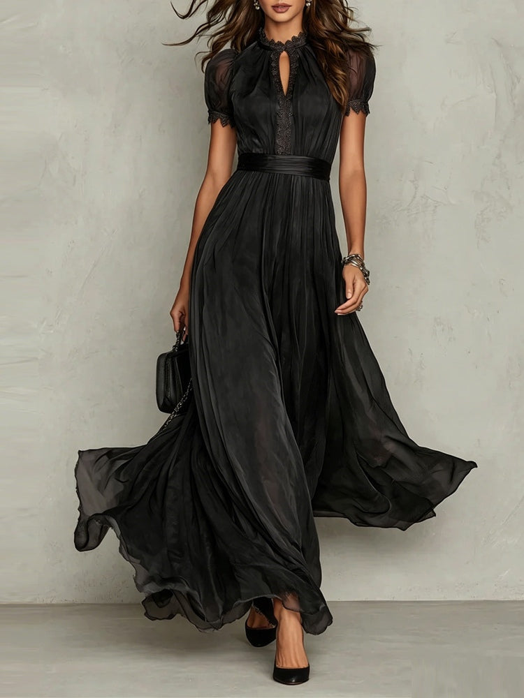 Elegante Vestido Maxi de Chiffon Ombre para Mujeres con Cuello Alto, Manga Abullonada, Corte en Llave y Detalles de Encaje