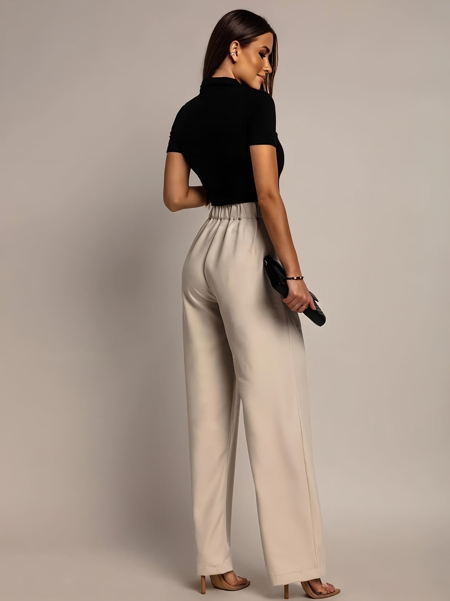 Pantalones de Pierna Ancha Sin Esfuerzo para Mujeres con Cintura Alta y Frente Plisado en Estilo Relajado y Ajustado