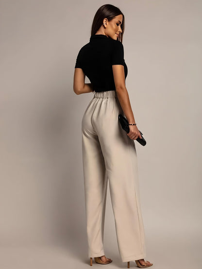 Pantalones de Pierna Ancha Sin Esfuerzo para Mujeres con Cintura Alta y Frente Plisado en Estilo Relajado y Ajustado