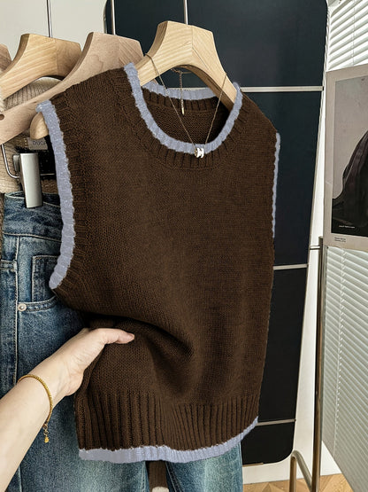 Chaleco de Suéter de Contraste Cómodo para Mujeres con Cuello Redondo, Sin Mangas, dobladillo Acanalado, Estilo Oversized