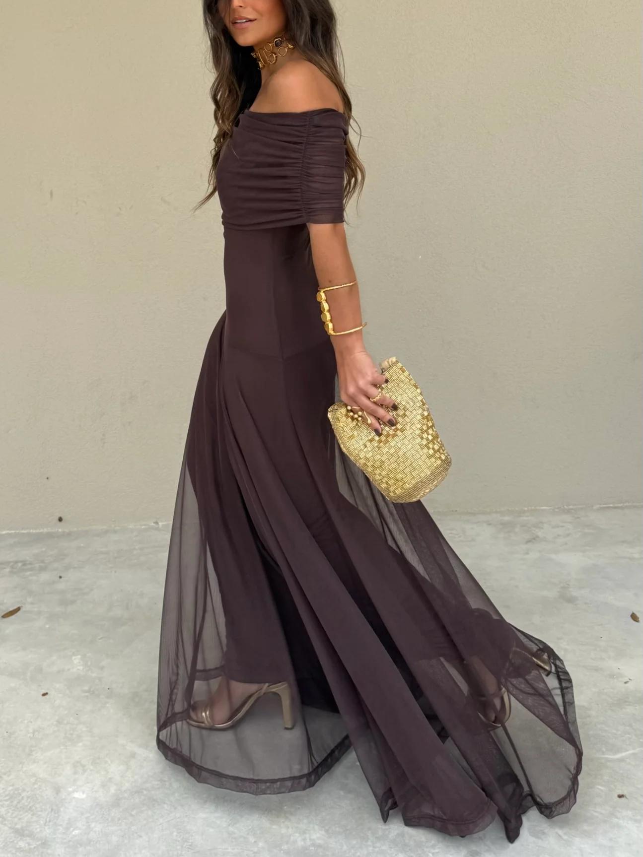 Vestido Maxi de Malla Elegante para Mujeres con Mangas Cortas y Off Shoulder Estilo Fruncido y Fluido