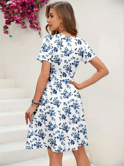 Vestido Midi Floral Azul Sin Esfuerzo para Mujeres con Escote en V y Mangas Volantes, Estilo Ajustado y Acampanado