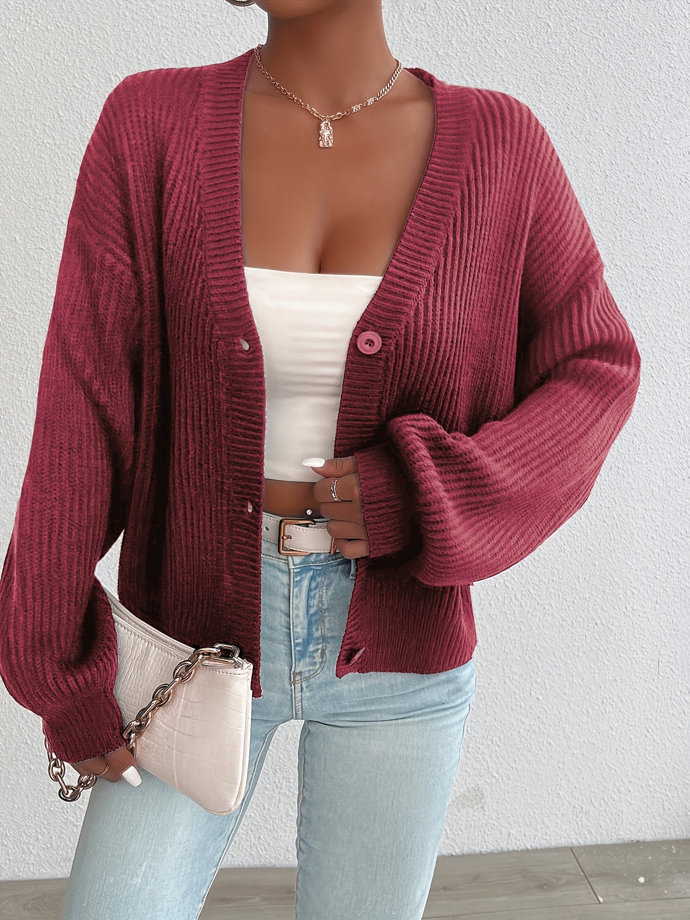 Cárdigan de Punto Acanalado Cómodo para Mujeres con Cuello en V, Manga Larga, Botones en la Parte Frontal, Estilo Oversized y Relajado