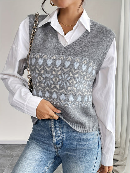 Chaleco de Suéter Elegante en Gris con Patrón Fair Isle para Mujeres con Escote en V, Sin Mangas, Corto y de Estilo Oversized