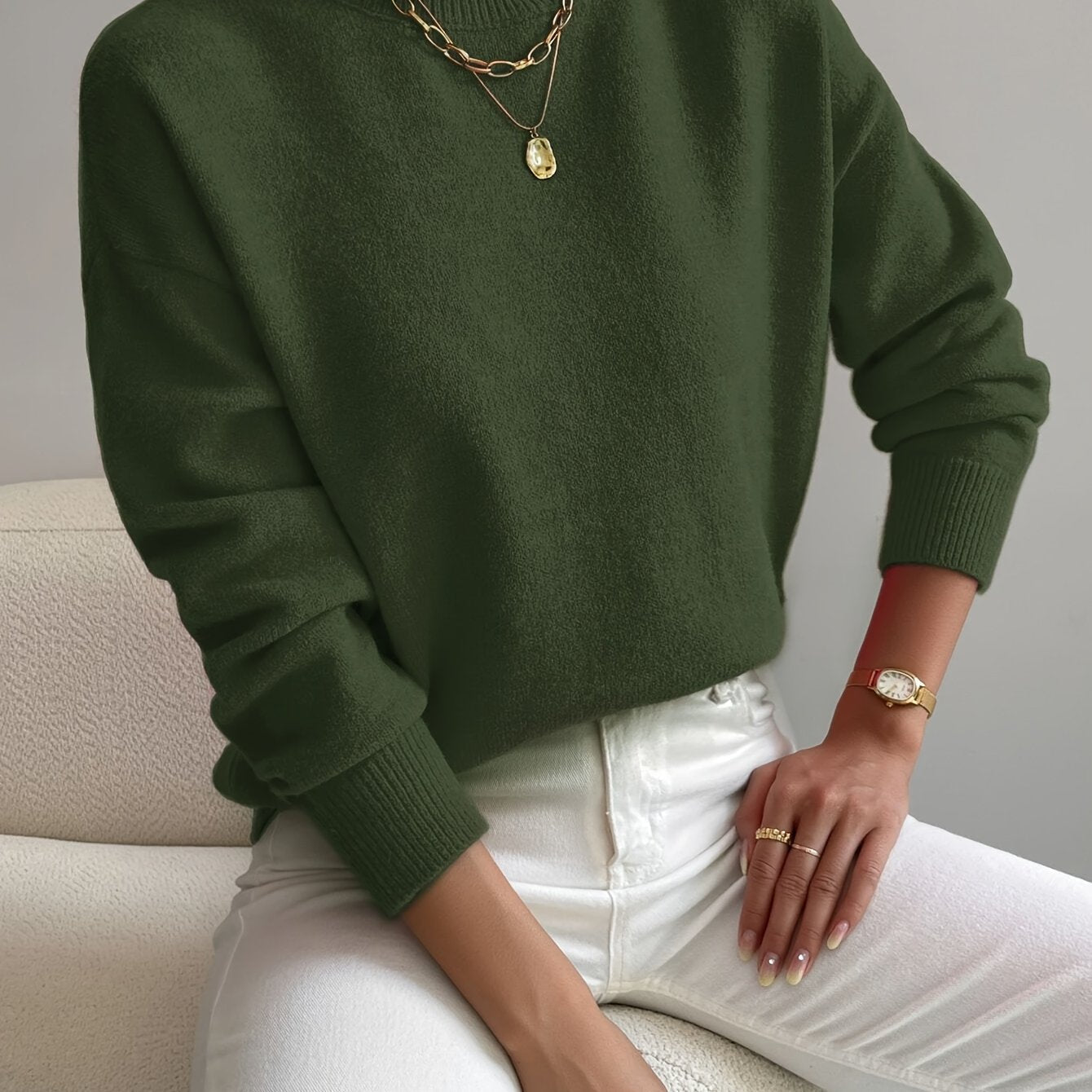 Suéter de punto cómodo para mujeres con cuello alto, mangas largas y estilo relajado y oversized
