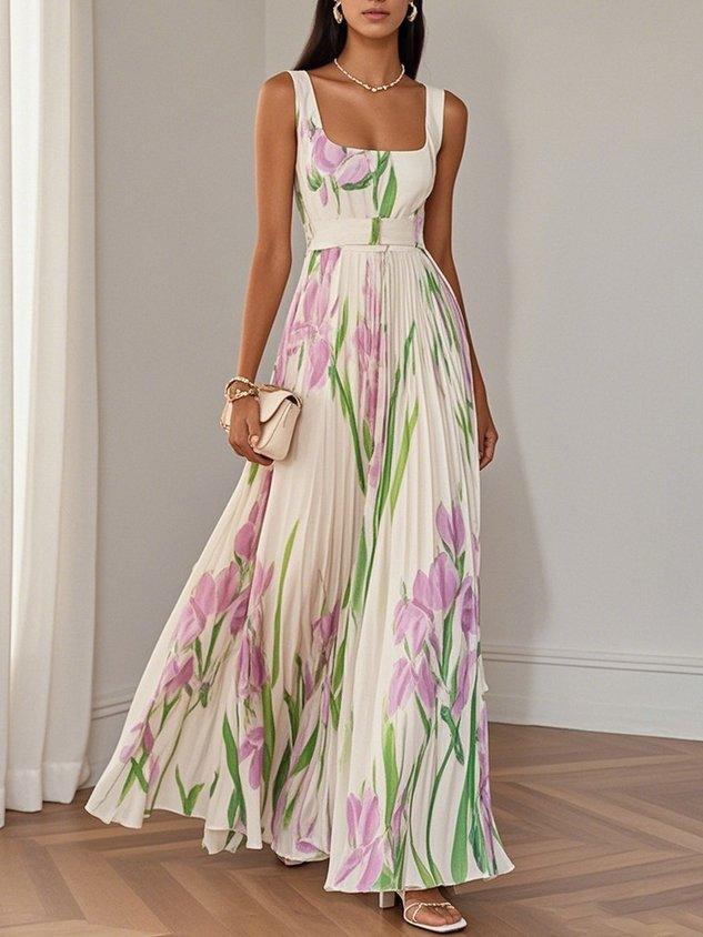 Vestido Maxi Floral Elegante para Mujeres con Escote Cuadrado Sin Mangas y Cinturón con Pliegues
