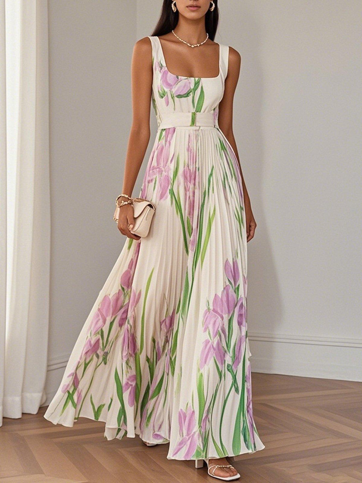 Vestido Maxi Floral Elegante para Mujeres con Escote Cuadrado Sin Mangas y Cinturón con Pliegues
