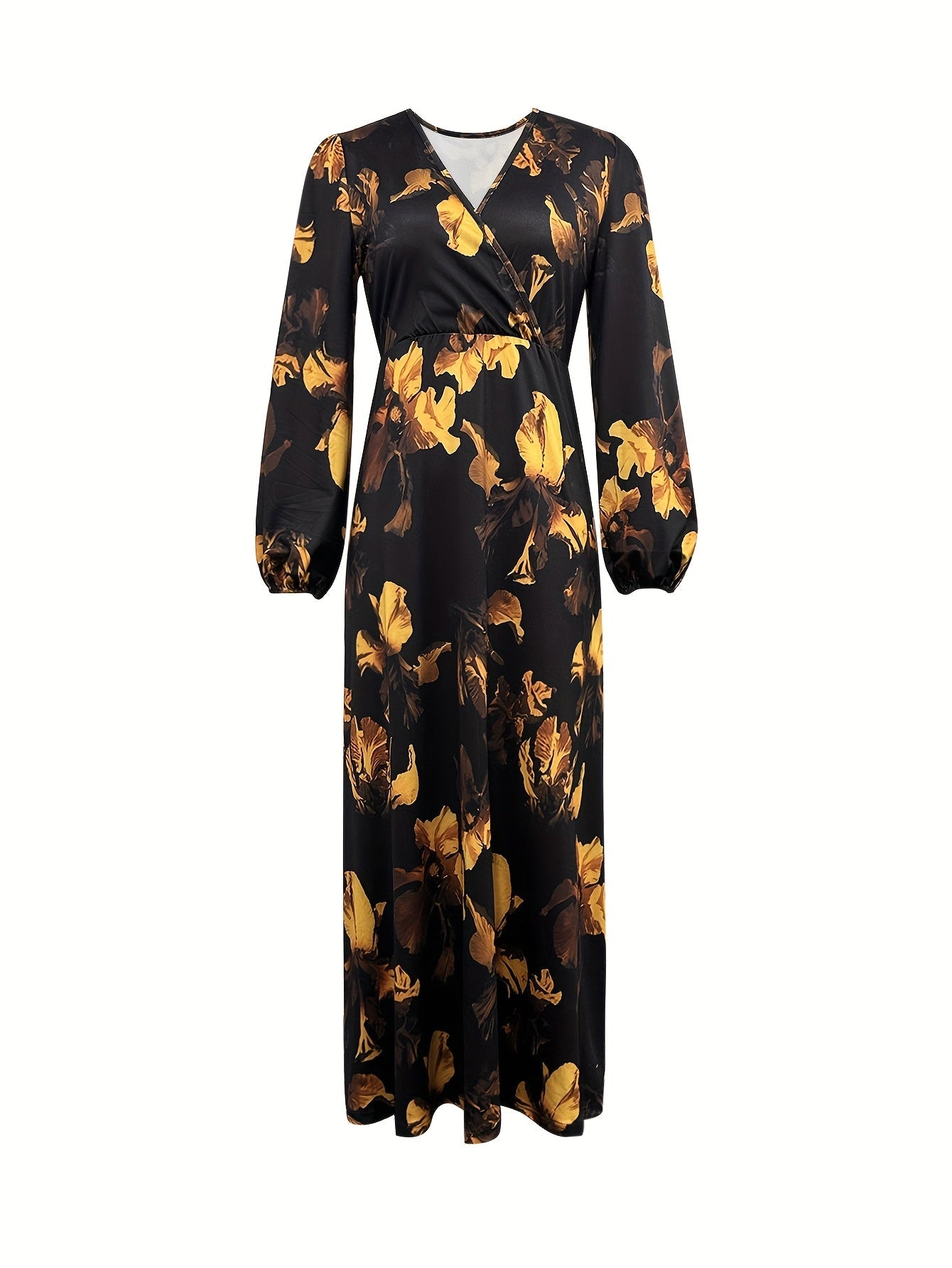 Elegante Vestido Maxi Floral Negro para Mujeres con Escote en V, Mangas Obispo y Dobladillo Asimétrico