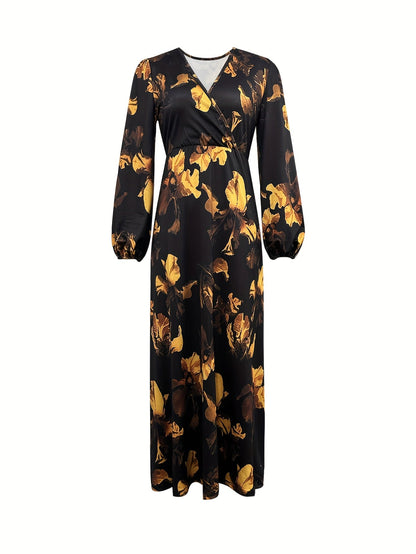 Elegante Vestido Maxi Floral Negro para Mujeres con Escote en V, Mangas Obispo y Dobladillo Asimétrico
