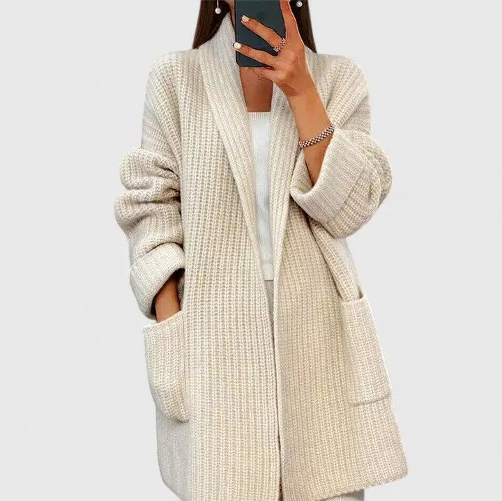 Suéter Cardigan Chunky Cómodo para Mujeres con Cuello Chal, Manga Larga, Bolsillo de Parche y Estilo Oversized