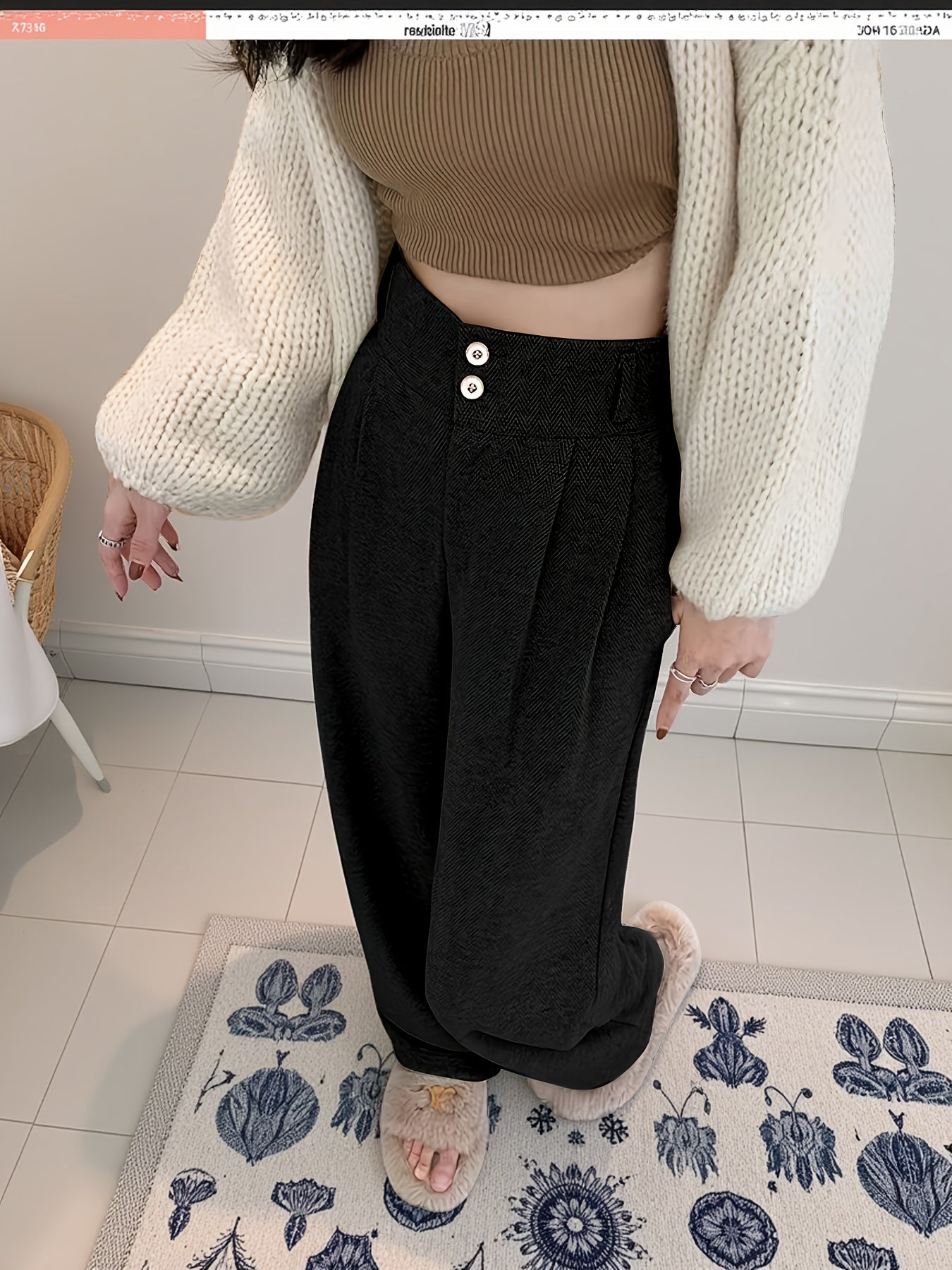 Pantalones Elegantes de Pierna Ancha en Pata de Gallo para Mujeres con Cintura Alta y Cierre de Botón Frontal con Pliegues