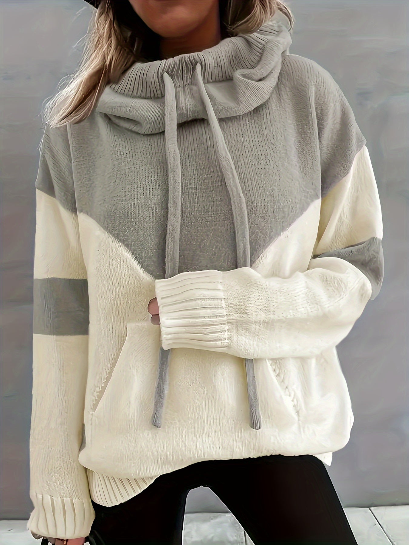 Suéter Colorblock Cómodo para Mujeres con Cuello Cowl de Manga Larga, Estilo Relajado y Oversized