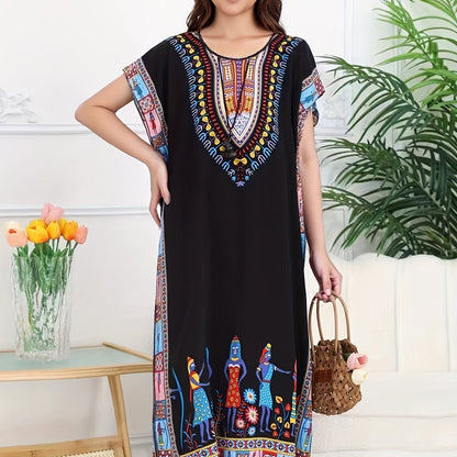 Vestido Kaftán de Impresión Tribal Sin Esfuerzo para Mujeres con Escote en V y Manga Corta Estilo Bohemio