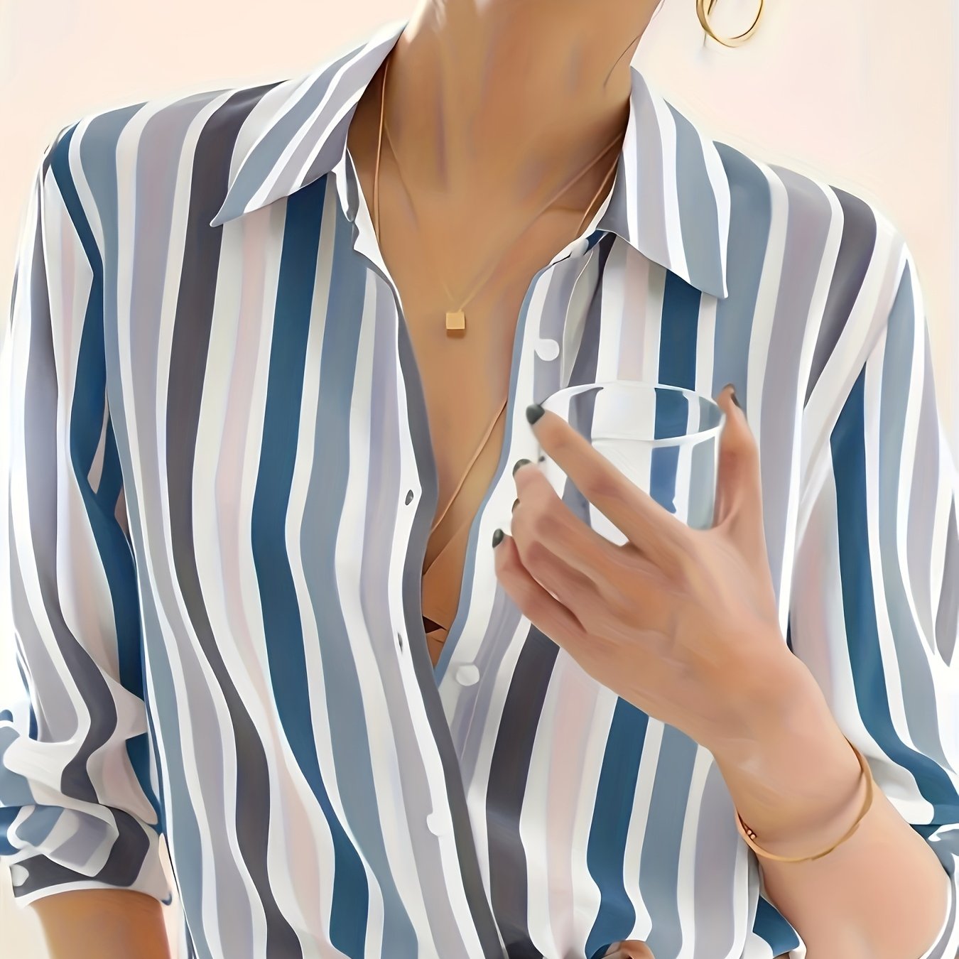 Blusa de Chifón Rayada Sin Esfuerzo para Mujeres con Cuello, Manga Larga, Botones Frontales y Estilo Sedoso Relajado
