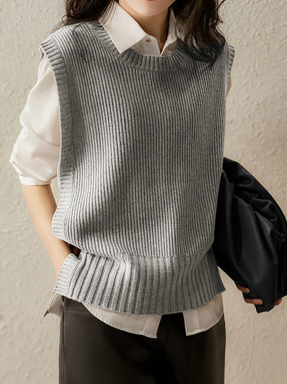 Chaleco de Suéter Acanalado Cómodo para Mujeres con Cuello Redondo Sin Mangas Estilo Oversized