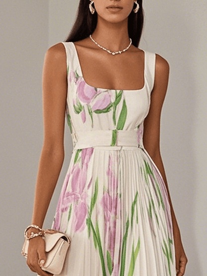 Vestido Maxi Floral Elegante para Mujeres con Escote Cuadrado Sin Mangas y Cinturón con Pliegues