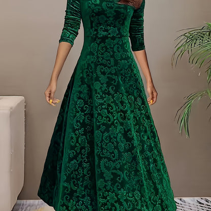Vestido Maxi Floral de Terciopelo Elegante para Mujeres con Cuello Cuadrado y Manga de Codo Estilo A Fluyente
