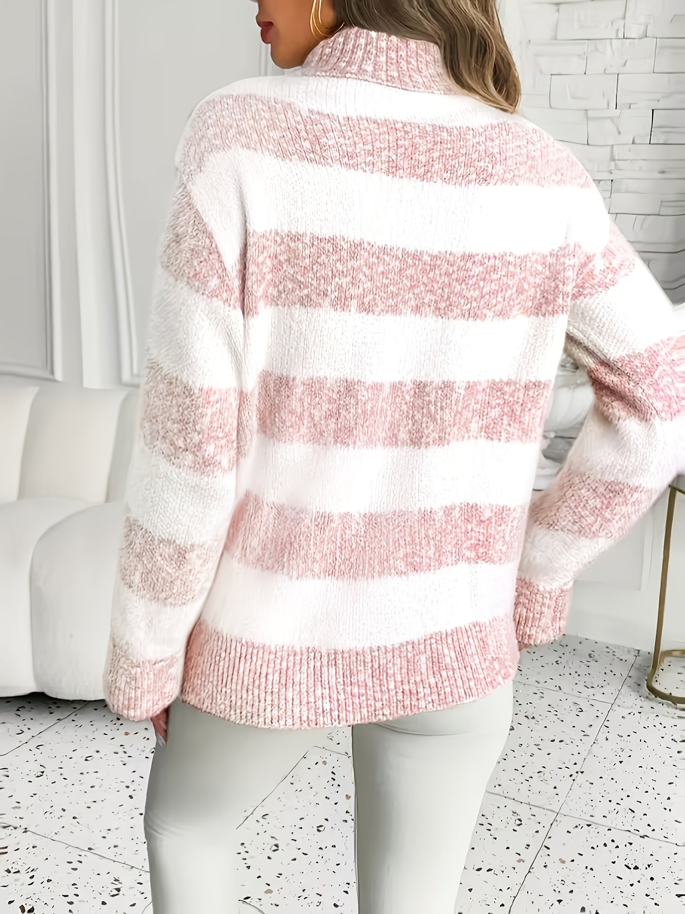 Suéter a Rayas Cómodo para Mujeres con Cuello Alto, Manga Larga, Estilo Relajado y Oversized